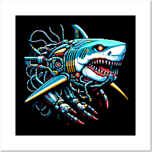 Underwater Tech Predator - Cybernetic Shark Pixel Art Posters and Art